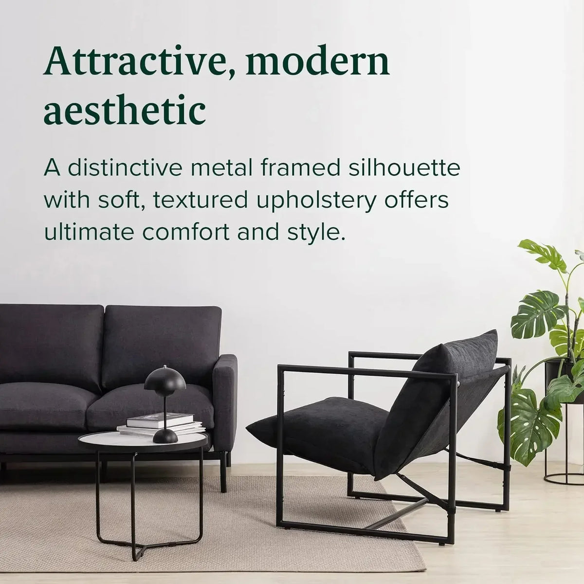 New2025-Aidan Sling Accent Chair, Metal Framed Armchair with Shredded Foam Cushioning, Black