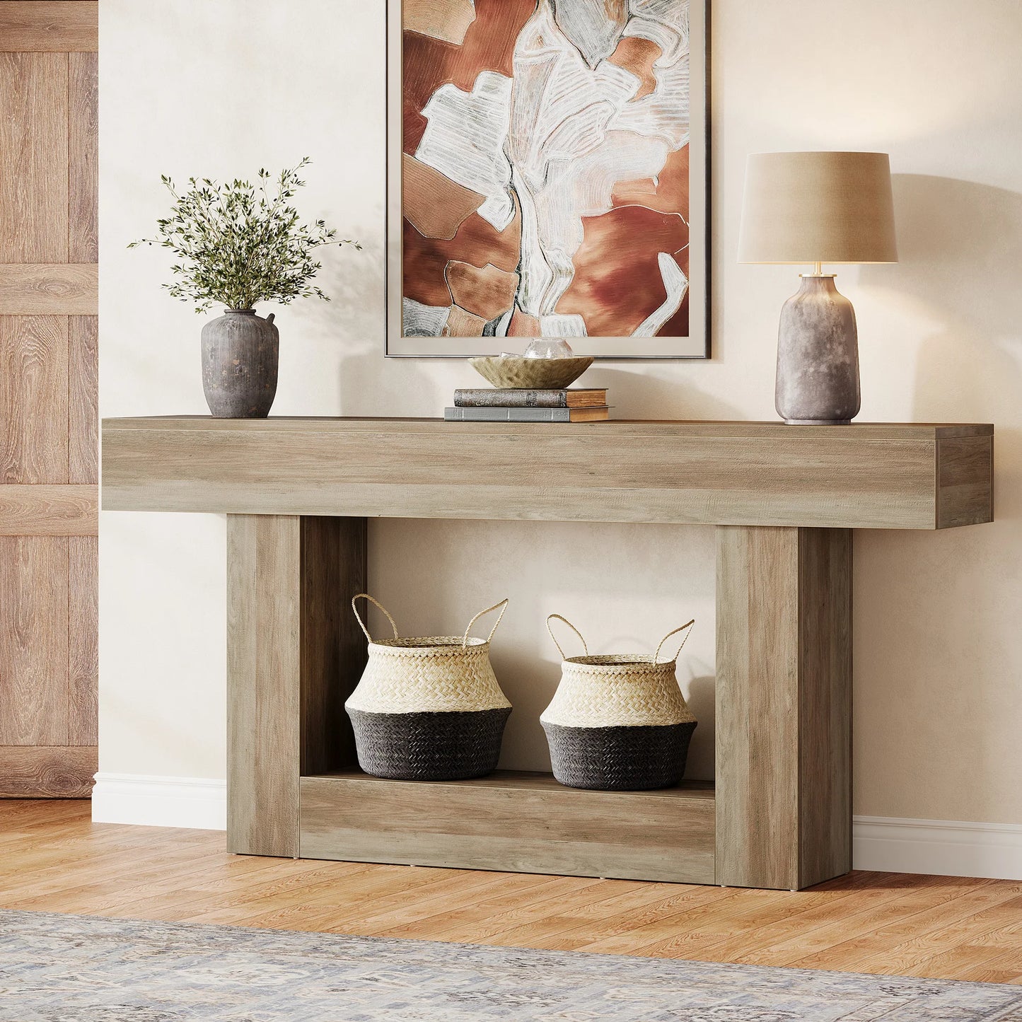 Rustic 2-Tier 63 Console Table with Storage for Entryway, Living Room, and Hallway in Brown & Gray