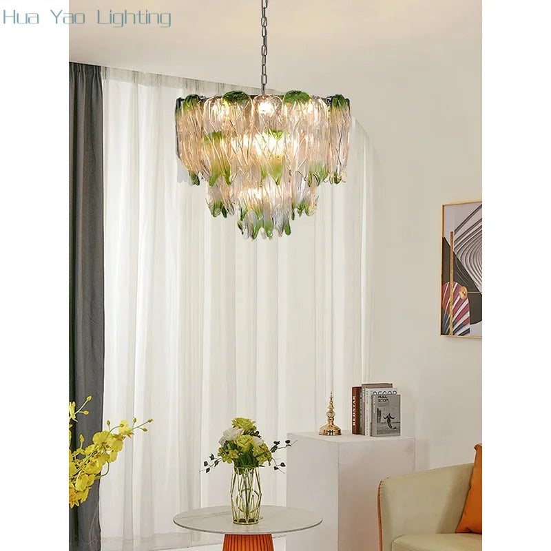 French Romantic Lustre Luxury Chandeliers Antique Designer Gradient Green glass LED Main lamps For Living Room
