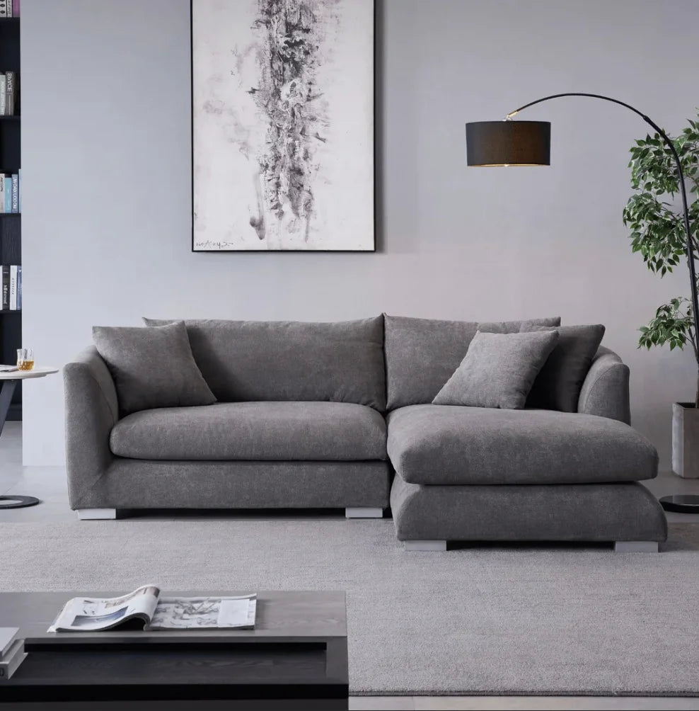 Modern Home Living Room Sofa Set White Linen Feather Cream Beige Fabric L Shaped Corner Modular Couches Sectional Sofa