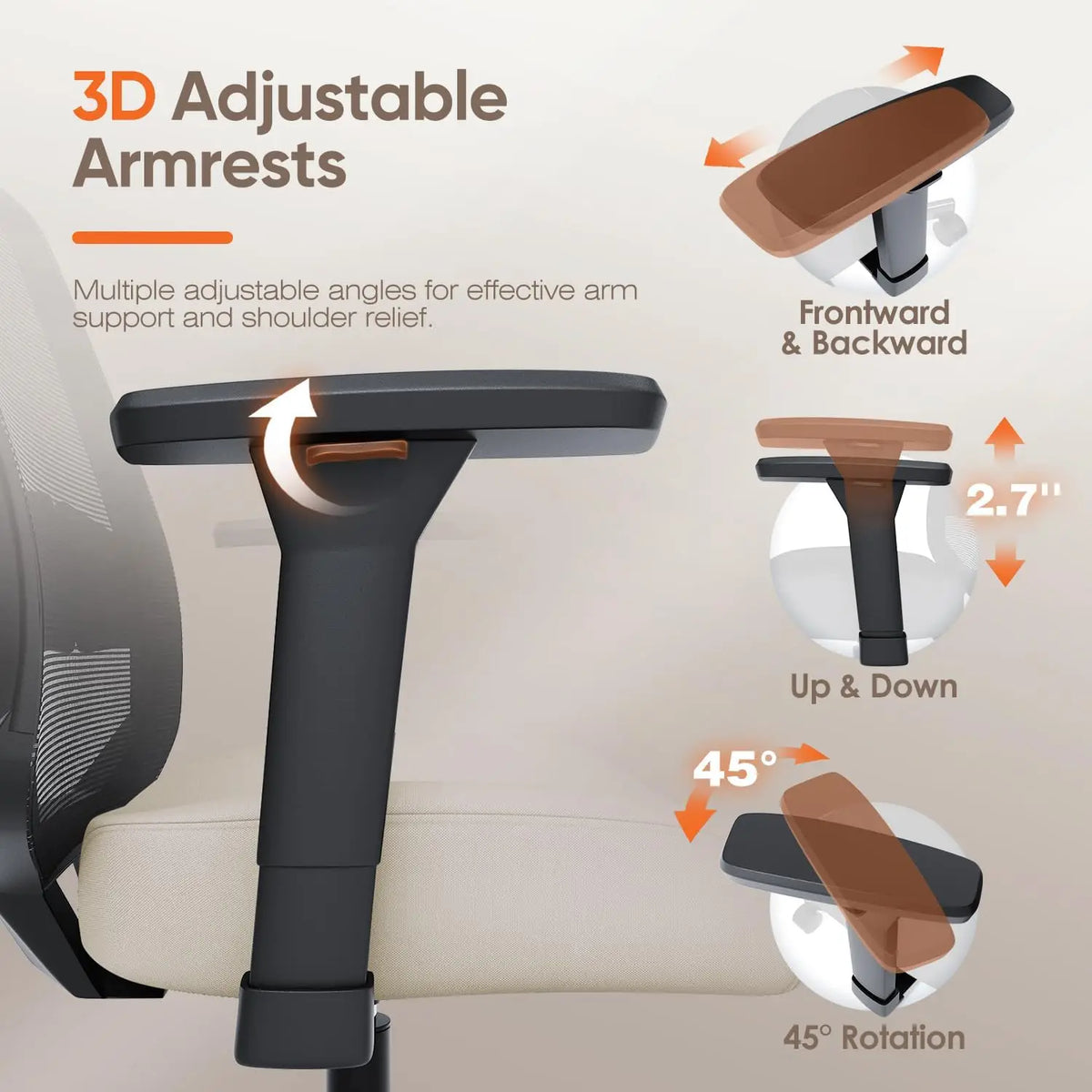 Ergonomic Office Chair with Lumbar Support, 3D Armrests, Tilt Function, Breathable Mesh for Home & Office
