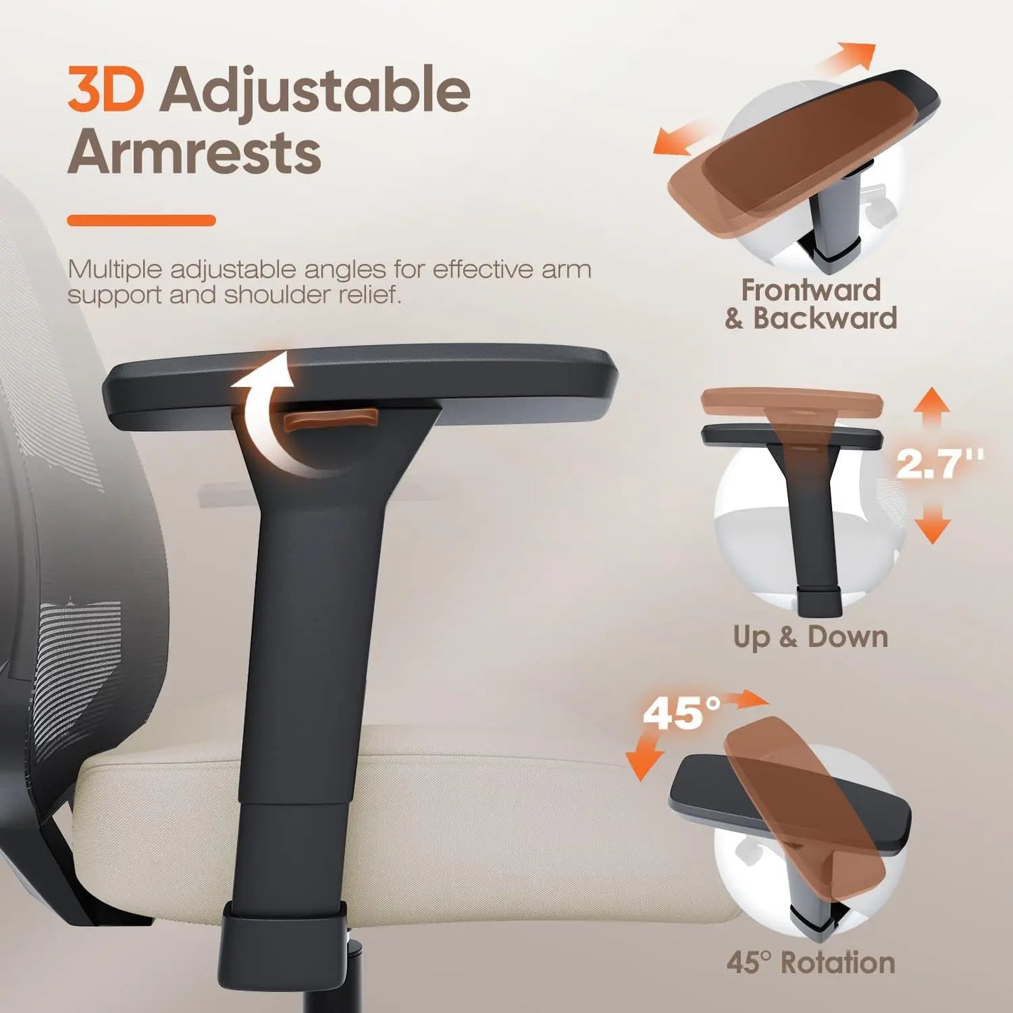Ergonomic Office Chair with Lumbar Support, 3D Armrests, Tilt Function, Breathable Mesh for Home & Office