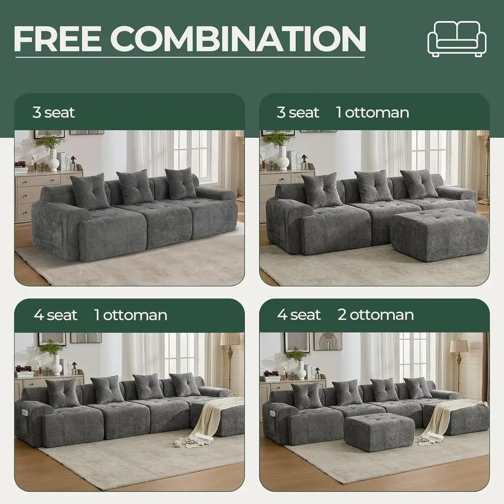 Modern Grey 3-Seater L-Shape Sectional Sofa with Movable Ottoman and Woven Texture Upholstery
