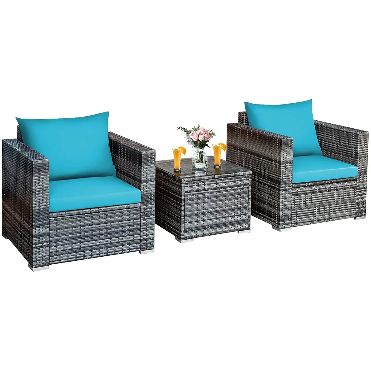 3 Pieces Patio Furniture Set, Outdoor Conversation Rattan Furniture Set w/Washable Cushion and Tempered Glass Tabletop, PE Ratta