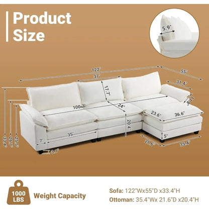 Deep Convertible Sectional Sofa,  L-Shape 3-Seat Couches for Living Room