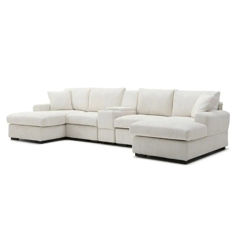 Oversized U-Shaped Cloud Sectional Sofa for Living Room, 126" Comfy Couch with Console & Cup Holder, Double Chaise in Beige