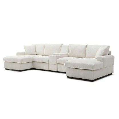 Oversized U-Shaped Cloud Sectional Sofa for Living Room, 126" Comfy Couch with Console & Cup Holder, Double Chaise in Beige