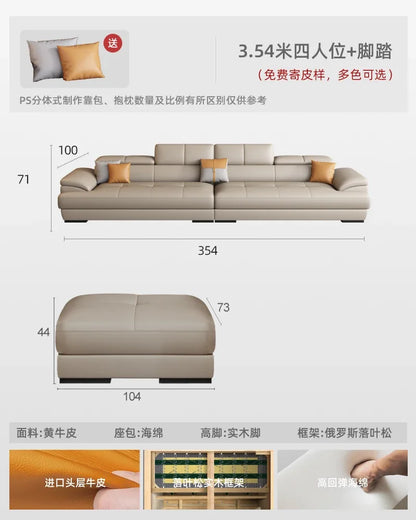 Nordic leather sofa with cowhide top layer, simple modern size, living room, Italian minimalist cream style leather sofa