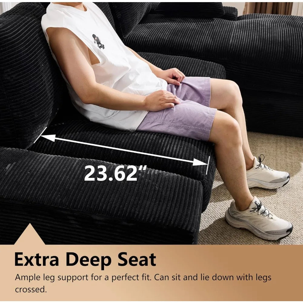 Black Cloud 98.4-Inch Sectional Sofa Corduroy L-Shaped Modern Upholstered Couch with Chaise Modular Sectional