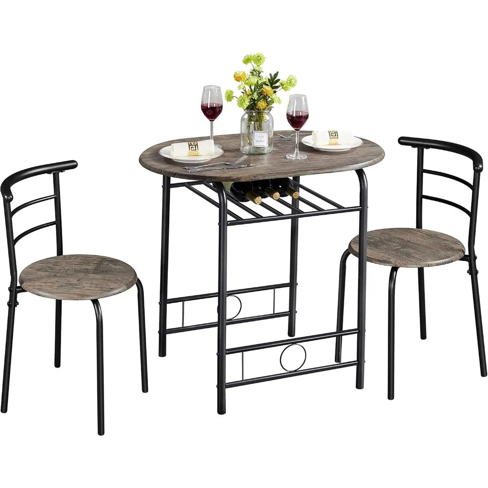 3 Piece Dining Table Set,Kitchen Table & Chair Sets for 2,Compact Bistro Table Set with Steel Legs,Built-in Wine Wine Rack Small