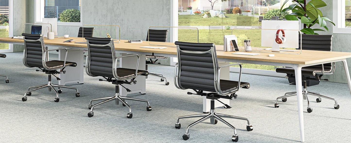 High Mid Back Ribbed Office Chair Genuine Leather Swivel Chair Adjustable Ergonomic Computer Chair with Aluminium Alloy Frame