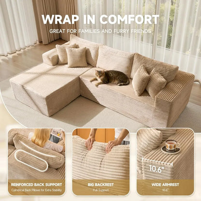 108" Luxury Modular Cloud Sofa – 100% High-Density Foam Sectional, Oversized Convertible L-Shaped Sofa Bed with Plush Fabric