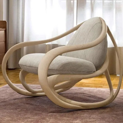 Designer Rocking Chair Solid Wood Balcony Home Living Room Casual Napa Leather Sofa Chair
