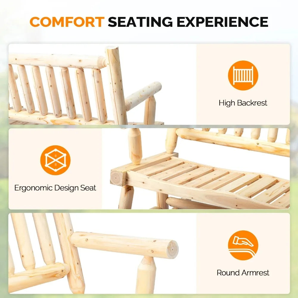 33.5in Wooden Rocking Chair Country Style Log Built 2 Person for In/Outdoor