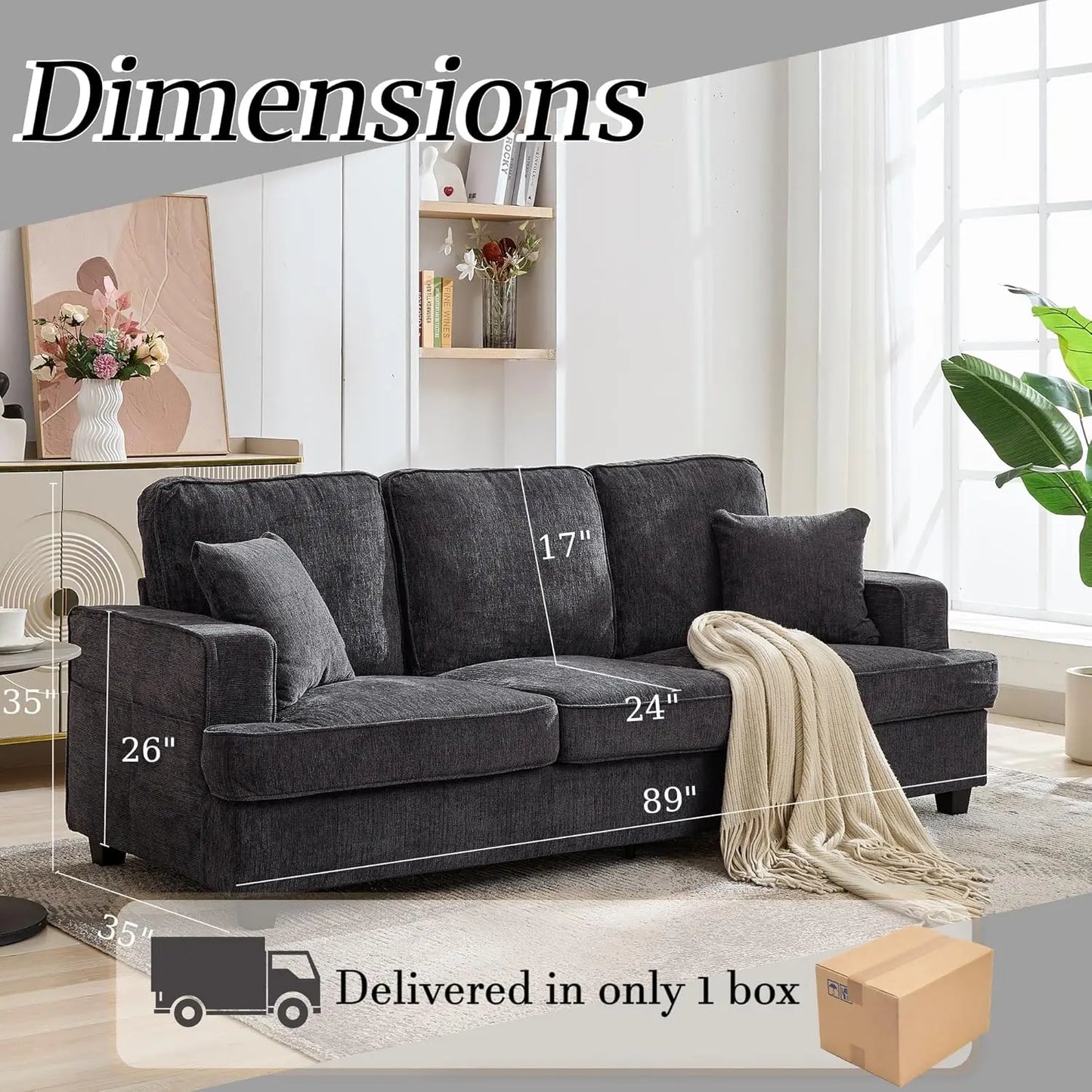 89 Inch 3 Seater Chenille Upholstered Couch Plush Deep Seat Cloud Sofa Gray Soft Upholstered Furniture for Living Room Bedroom Apartment Office Small Space