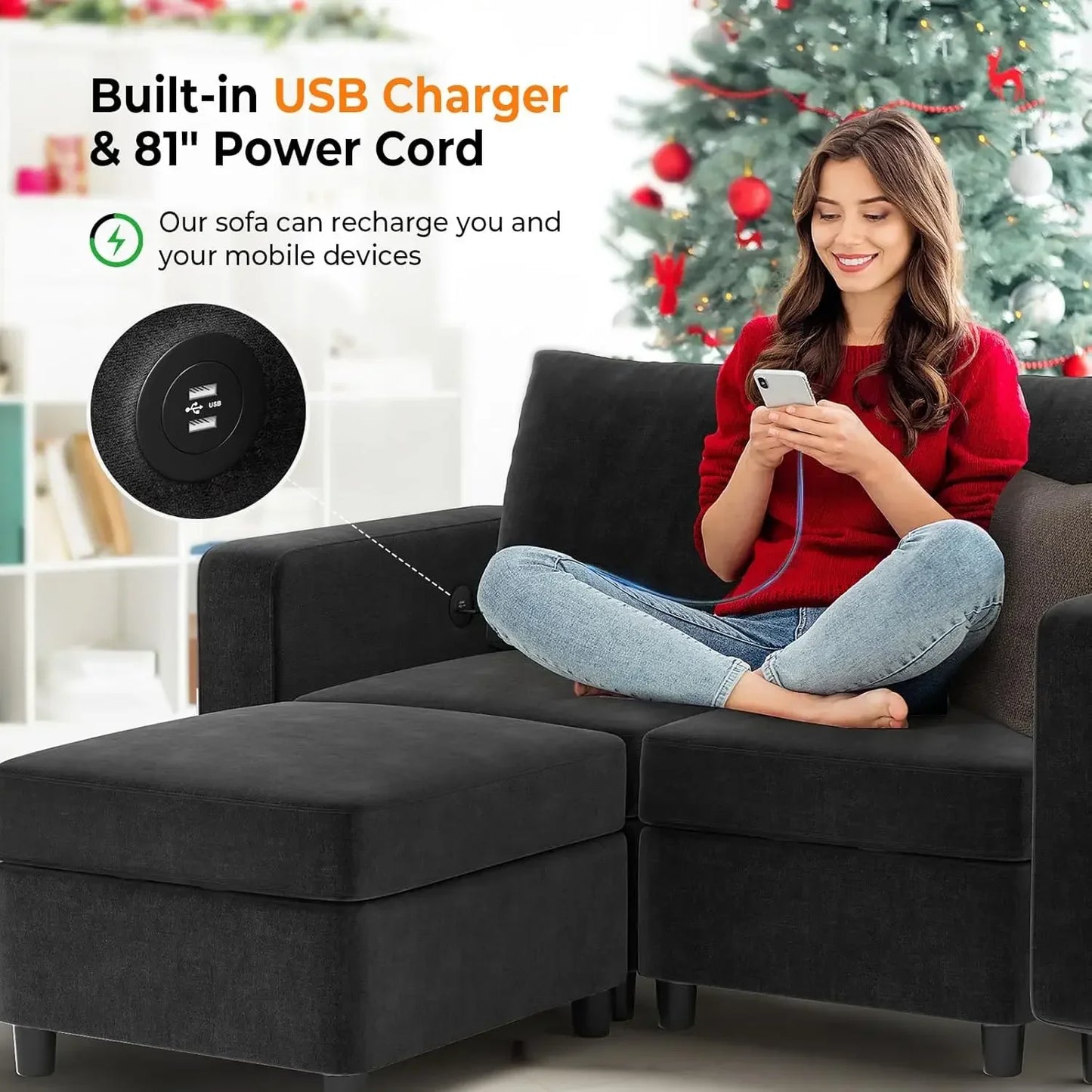 Nordic 108" Sectional Sofa Black Modular Storage U Shaped Couch with Two, 6 Pieces Convertible, USB Chargers Armest