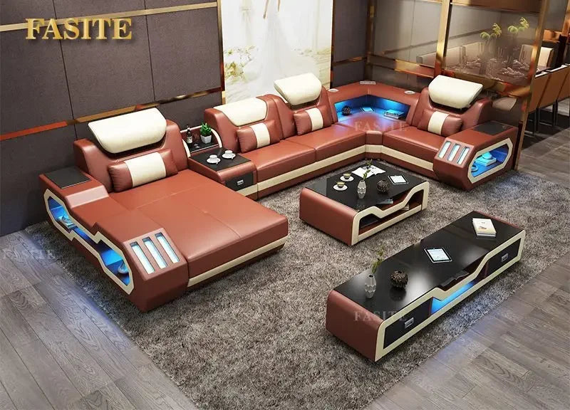 Modern Living Room Sofa Set Genuine Leather Sofas with USB Music Speaker
