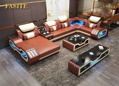 Modern Living Room Sofa Set Genuine Leather Sofas with USB Music Speaker