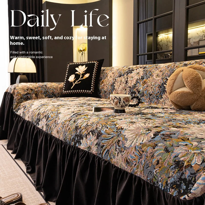 Sofa Cover with Ruffle Elegant Black Reversible for 2/3/4 Seater Couch Stretchable Slipcover Protector All Season Couch Blanket