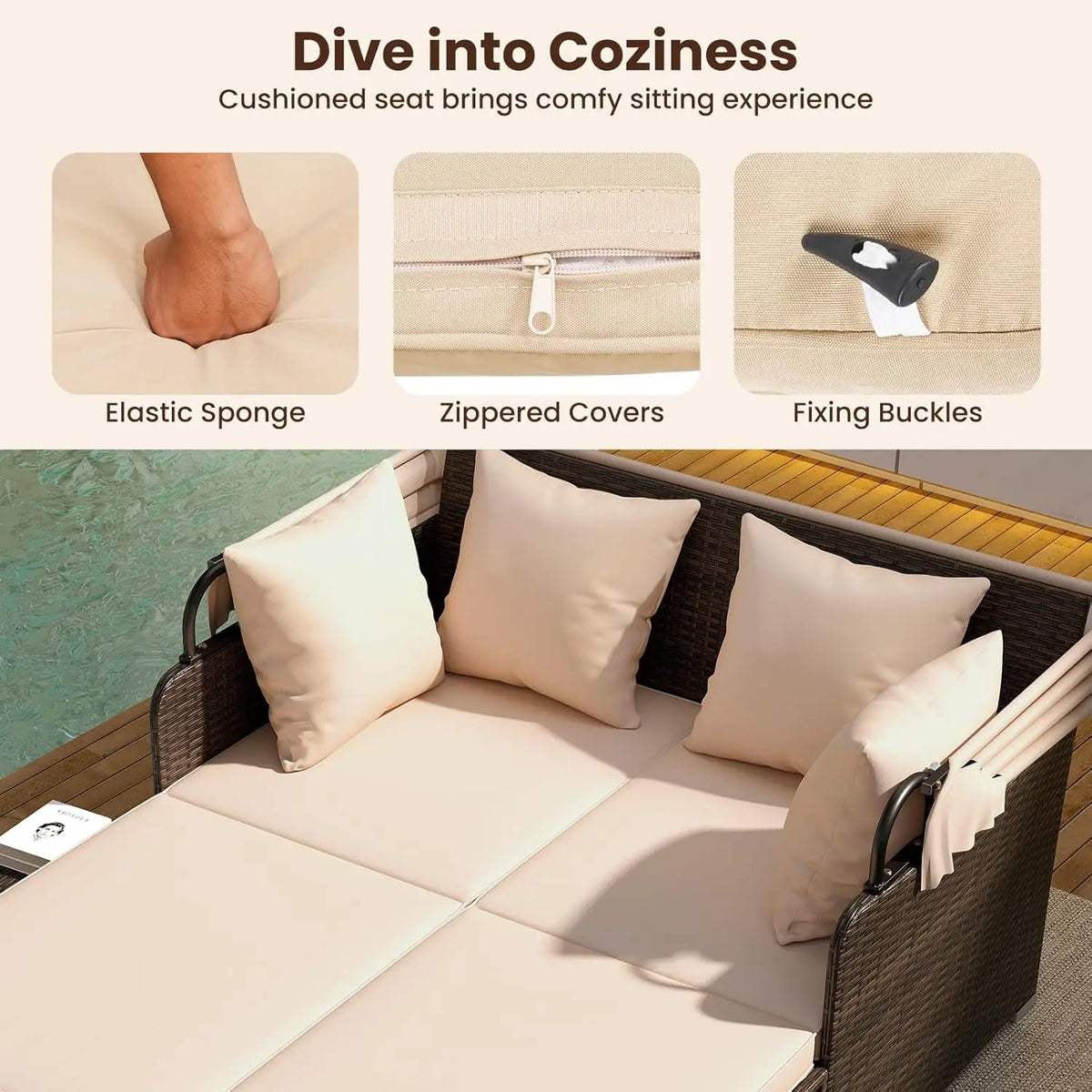 Outdoor Daybed, 2-Person Wicker Patio Sofa with Retractable Canopy, Cushions & Pillows, 2 Side Trays, PE Rattan Double, Custom