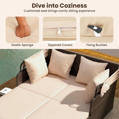 Outdoor Daybed, 2-Person Wicker Patio Sofa with Retractable Canopy, Cushions & Pillows, 2 Side Trays, PE Rattan Double, Custom
