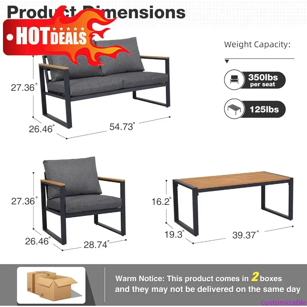 Customizable-Patio Furniture Set, 4 Pieces Outdoor Patio Furniture With Coffee Table Set, Metal Patio Conversation