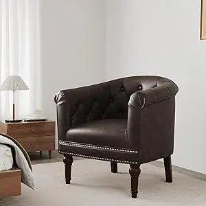 Accent Chair, Upholstered Faux Leather Barrel Chair with Nailed Trim, Comfy Club Armchair for Reading Living Room Bedroom Waitin