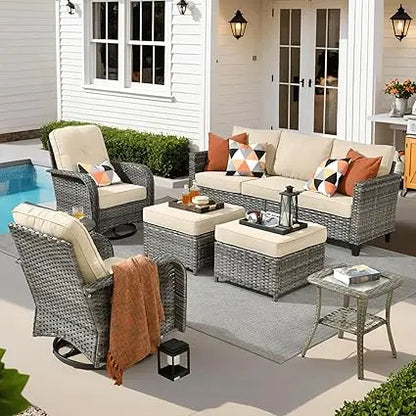 6 Pieces Patio Furniture Set, Outdoor Wicker Sofa Couch with Rocking Swivel Chairs Comfy Cushions, Modern Deep Seat Rattan Conv