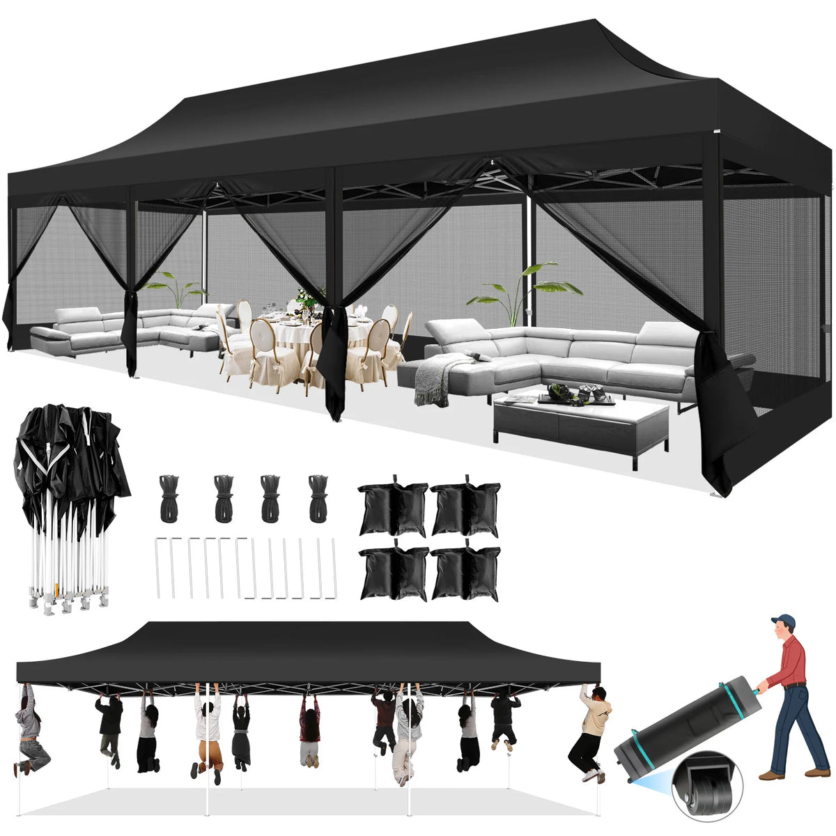 10x30FT Canopy Tent with 8 Sidewalls,Heavy Duty Pop up Canopy Party Tent with Mosquito Netting,Easy up Screen Canopy for Parties
