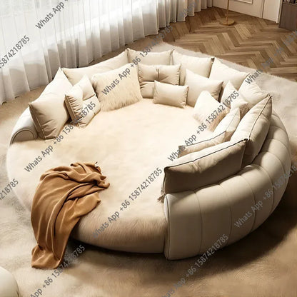 X 2.2×2m Master Bedroom Big Round Bed Modern Hotel Guest House Cream Wind Luxury White Leather Full Bed Frame Lazy Cloud Section