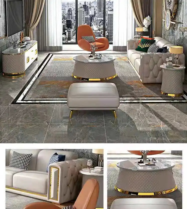 Italian light luxury sofa living room leather sofa first layer cowhide buckle design luxury combination sofa size apartment