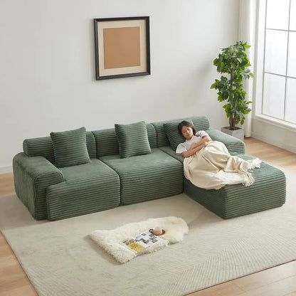 114-Inch Modular Corduroy Sofa, Featuring Inlaid Structure, 3 Throw Pillows, Wider Backrest, and 4 Configurable Modules for
