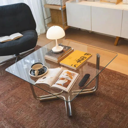 Retro Glass Coffee Table, Square Mid-Century Accent Table, Living Room Home Decor Furniture Side Tables
