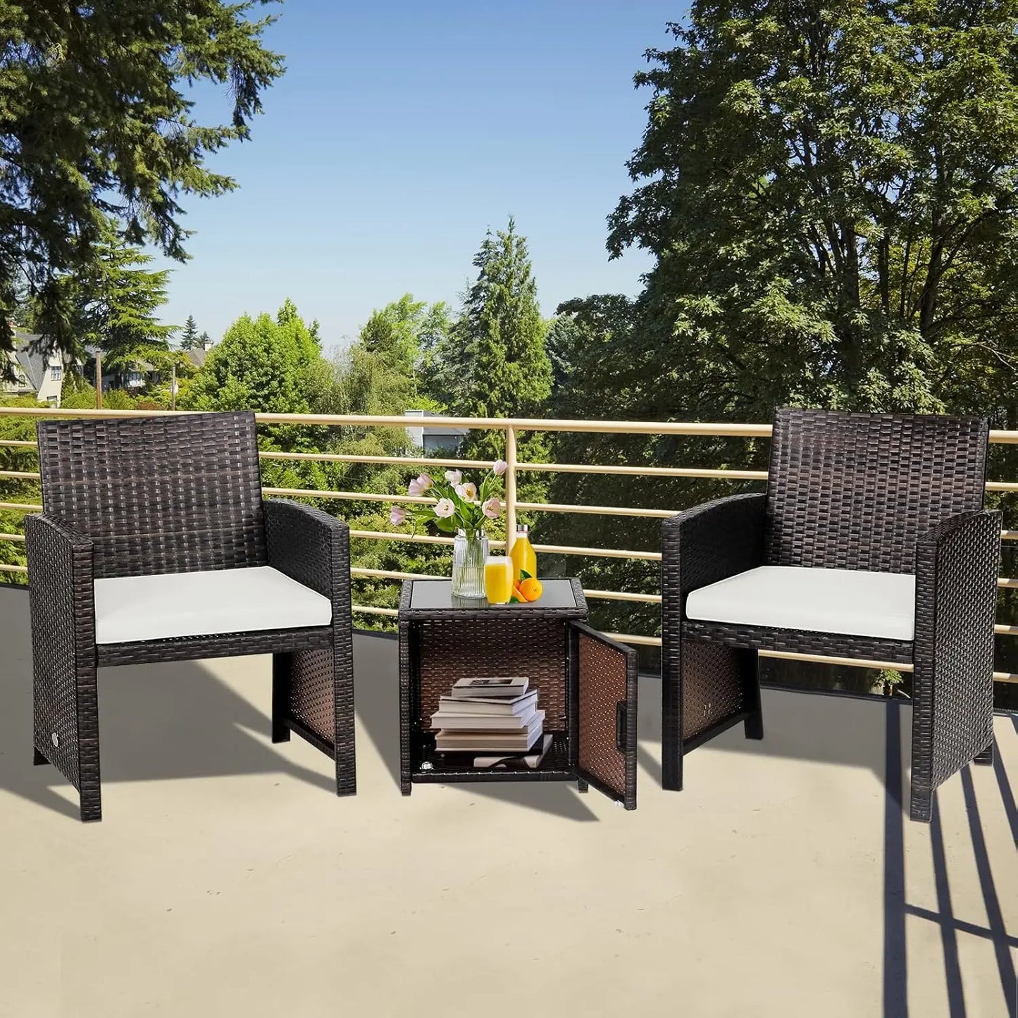 3 Pieces Outdoor Wicker Conversation Set with Waterproof Cover, 2 Patio PE Rattan Cushioned Chairs with Side Storage Table, Suit