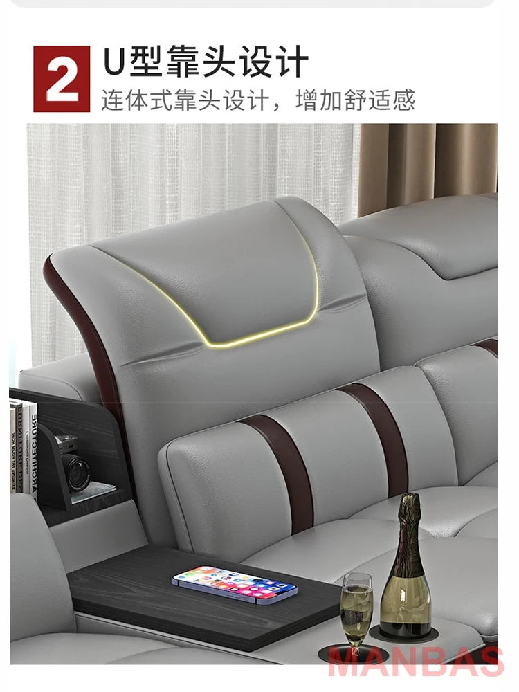 Italy Genuine Leather Sectional Sofa with Bluetooth Speaker,Functional Headrest,Massage Chaise | L Shape Corner Couch