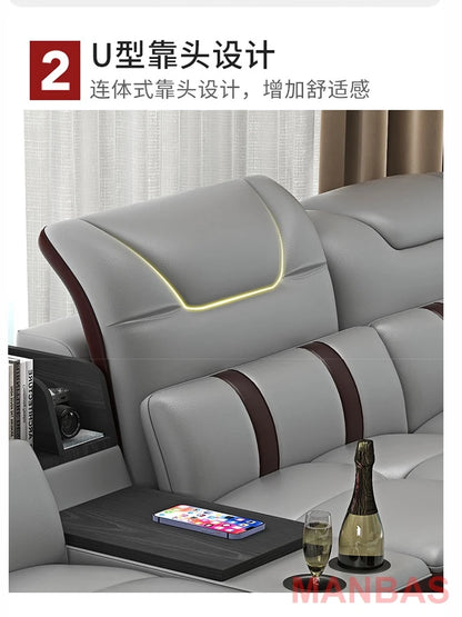 Italy Genuine Leather Sectional Sofa with Bluetooth Speaker,Functional Headrest,Massage Chaise | L Shape Corner Couch