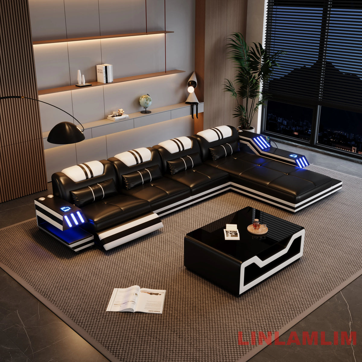 Convertible Genuine Leather Sectional Sofa Bed with Adjustable Headrests, Electric Recliners, Storage, Speakers, USB & LED Light