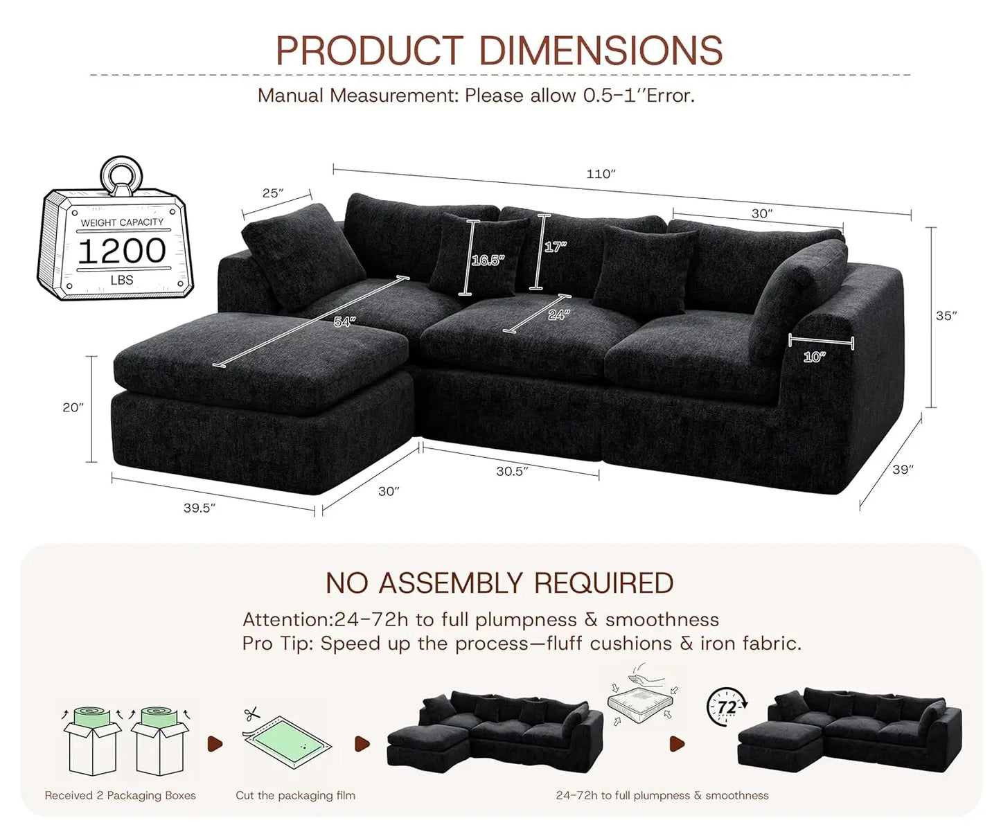 110''Oversized Modular Sectional Sofa Chenille Deep Seat Memory Foam L Shape Ottoman 2 Pillows Washable Cover Living Room Custom