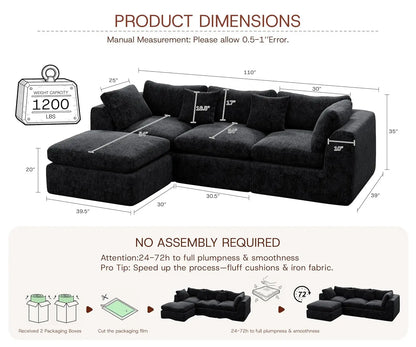 110''Oversized Modular Sectional Sofa Chenille Deep Seat Memory Foam L Shape Ottoman 2 Pillows Washable Cover Living Room Custom