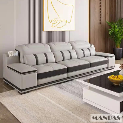 Modern Genuine Leather Sofa Living Room By MANBAS - Stylish Italian Couch with Bluetooth Speaker, USB & Adjustable Headrests