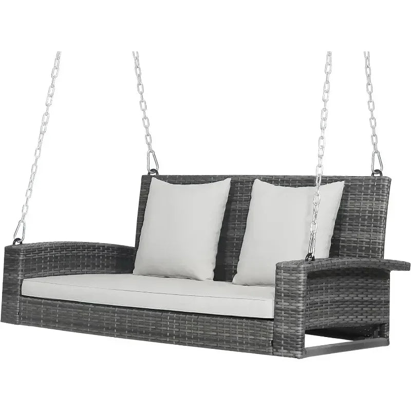 l Hanging Porch Swing, 2-Person Outdoor Wicker Swing Chair Bench With Cushions, Steel Chains For Garden, Backyard, Deck L