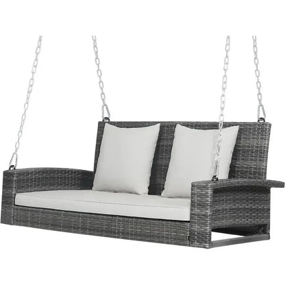 l Hanging Porch Swing, 2-Person Outdoor Wicker Swing Chair Bench With Cushions, Steel Chains For Garden, Backyard, Deck L
