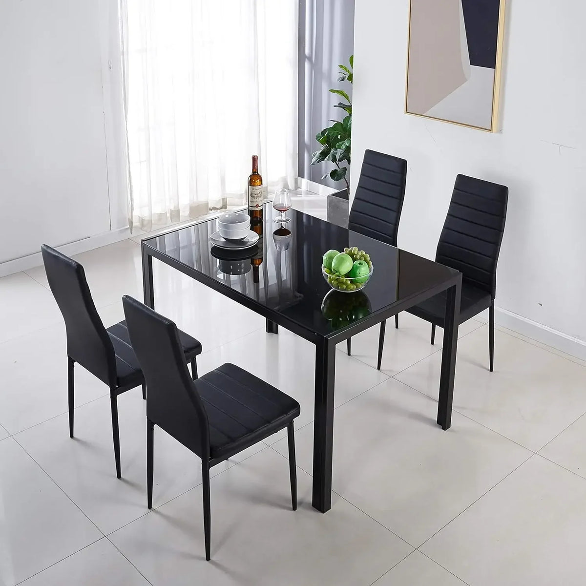 Dining Room Table Set,5-Piece Kitchen Dining Set with Glass Table Top 4 PU  Metal Frame Chairs A
