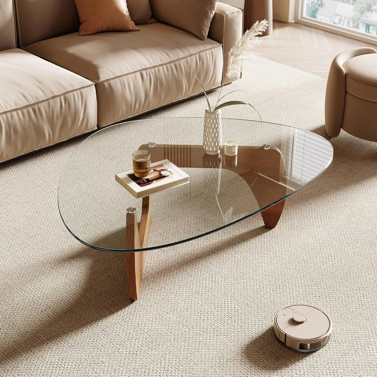 Table basse Morden, plateau triangulaire en verre trempé de 42,5