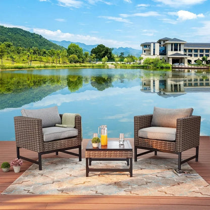 3 Pieces Outdoor Patio Balcony Furniture Rattan Conversation Set Wicker Chairs with Square Table, Brown