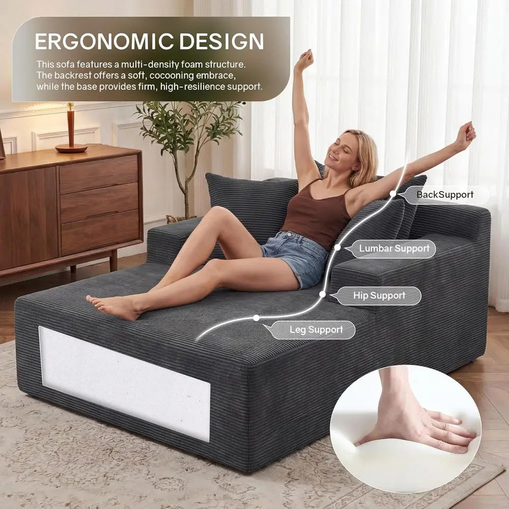 66 Oversized Chaise Lounge Chair Indoor, Plush Corduroy Cloud Reading Chair, 3 Pillows Included, Deep Seat Sleeper Couch for Liv