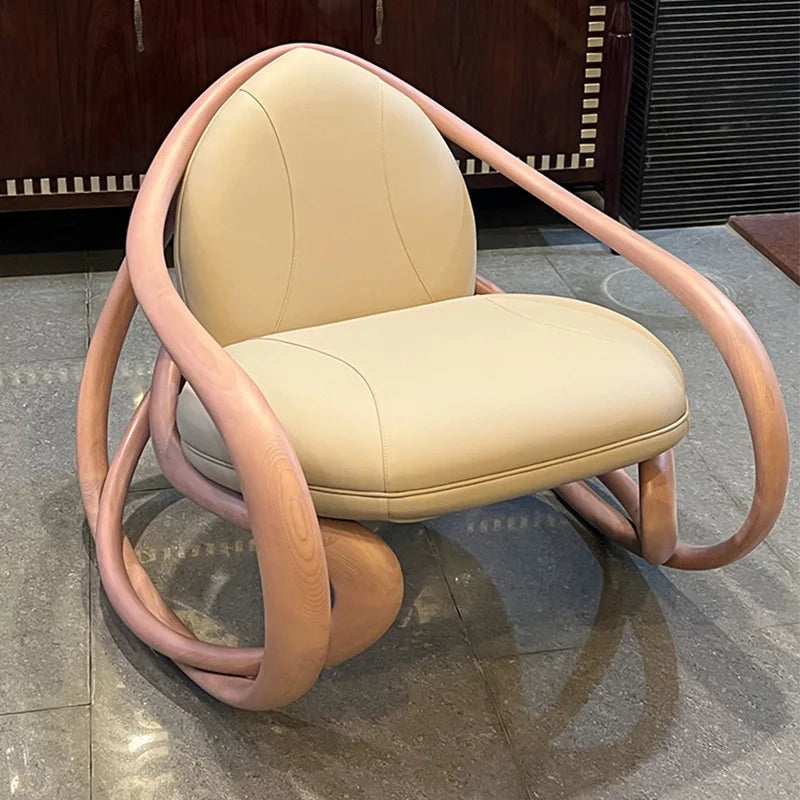 Rocking chair, solid wood balcony, living room, fiberglass casual leather sofa