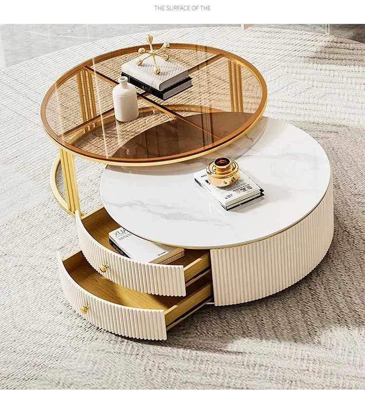 a163  round Glass Stone Plate Coffee Table Modern Minimalist Living Room Home Retractable Size Combination