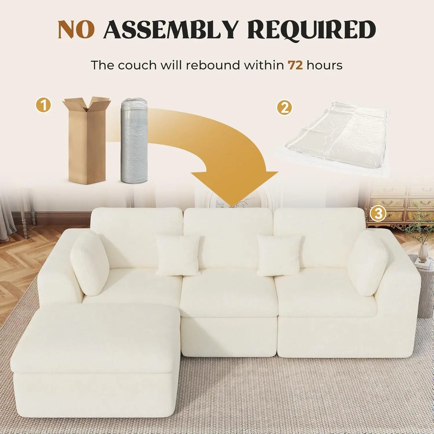 144" Cloud Sectional Couches for Living Room, Convertible U-Shape Couch with Ottoman, 6 Seater Modular Sectional Sofa,Beige