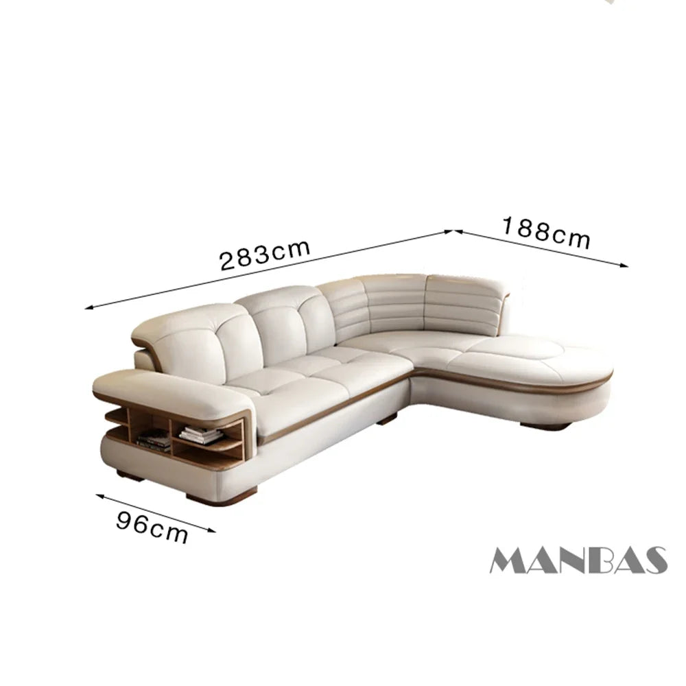 L-Shaped Genuine Leather Sectional Sofa Sets with USB, Bluetooth Speaker